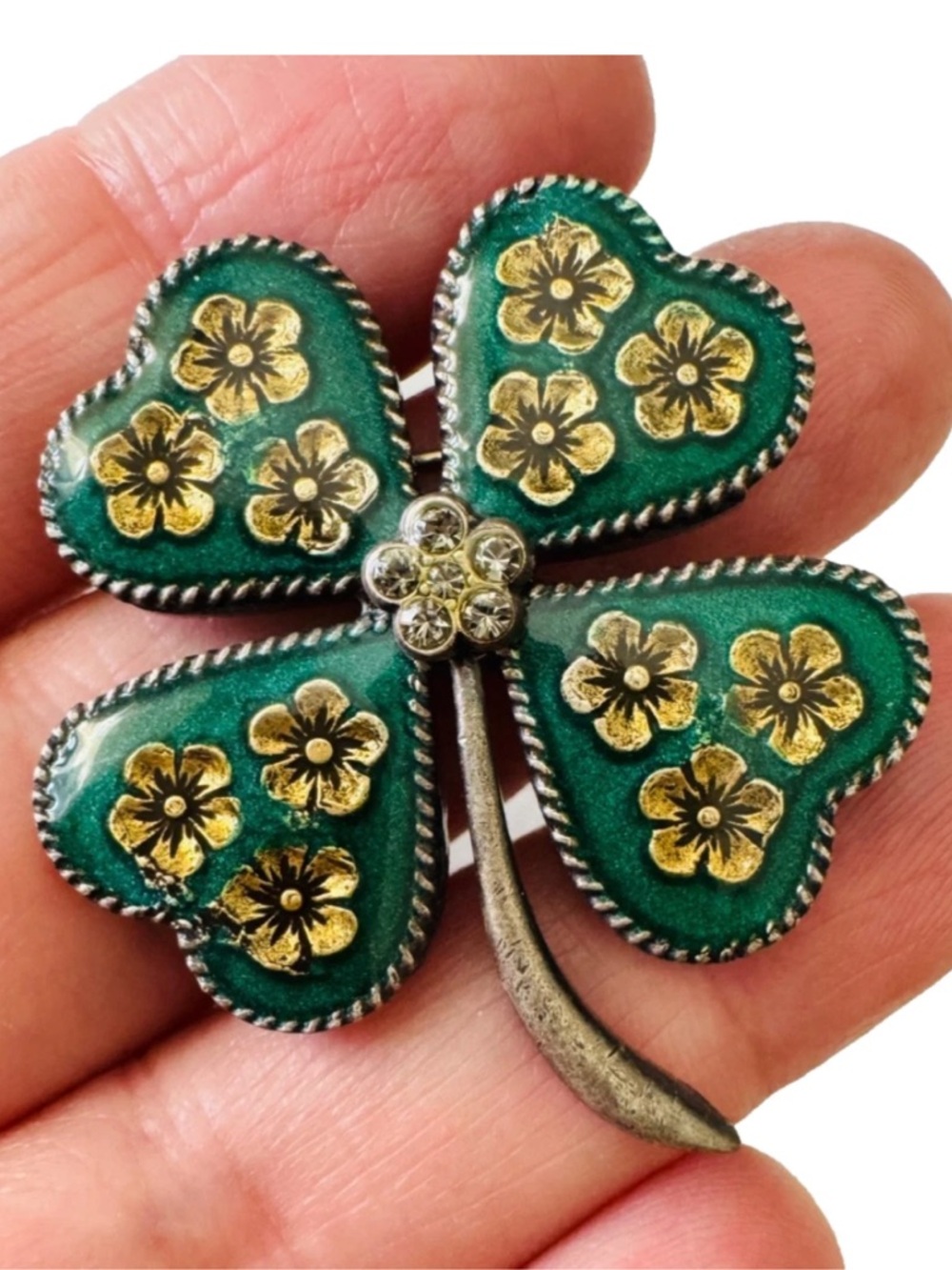 Scarce Vintage Catherine Popesco Four Leaf Clover Flowers Brooch Pin 1 3/8”